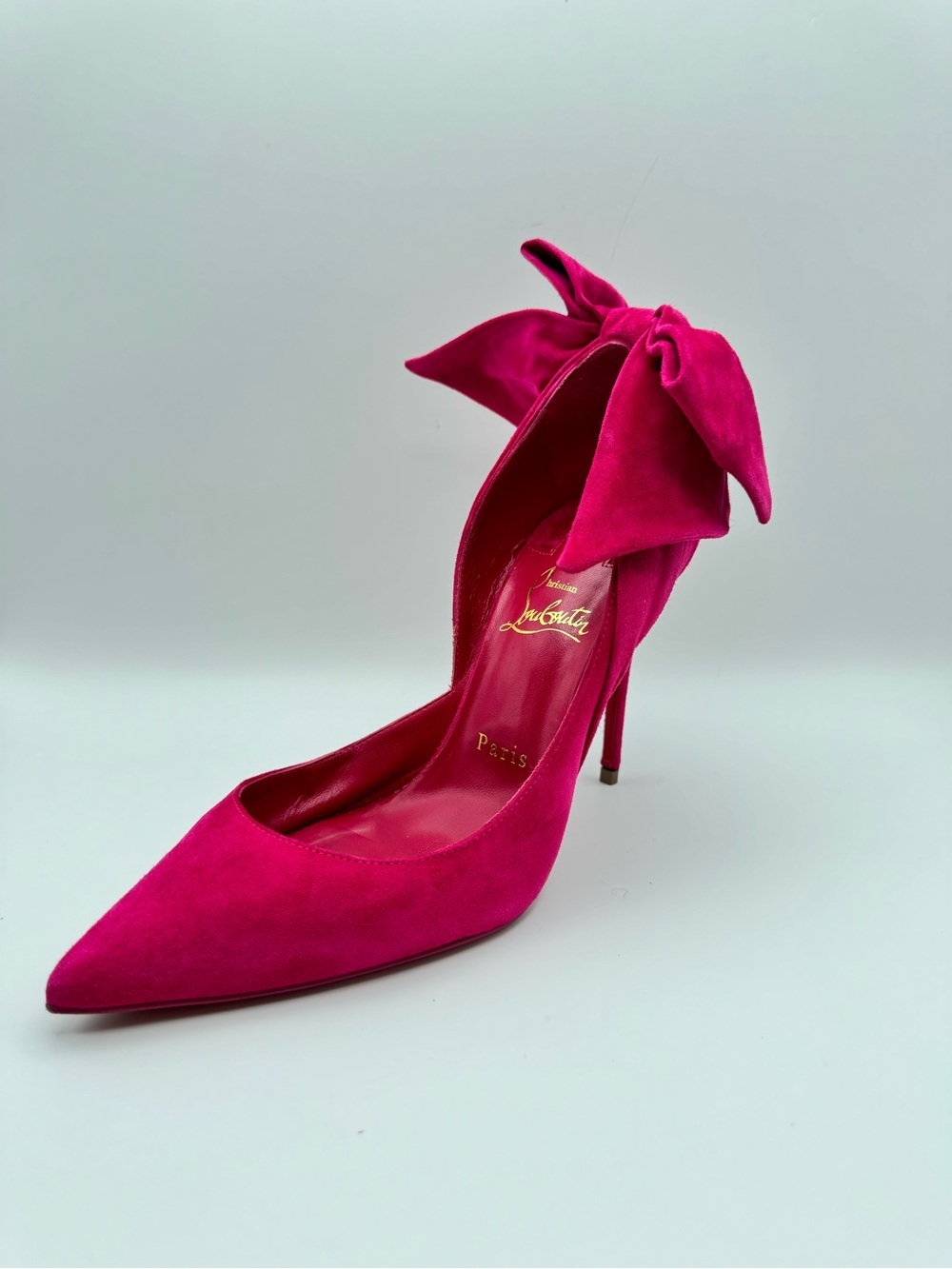 Christian Louboutin Rabakate 100 Fuchsia Pink Suede Bow Pumps Heels EU 37.5